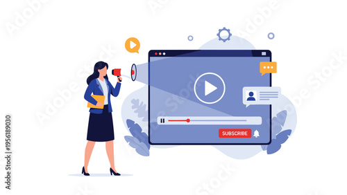 Business professional uses megaphone to promote video content on digital player with subscribe button for social media marketing.