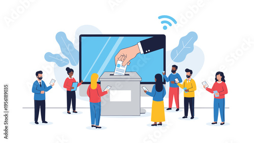 Diverse group of citizens participates in digital and physical voting process using ballot box and large screen monitoring system.