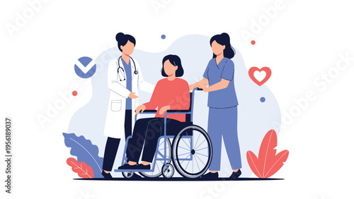 Medical professional and nurse provide care and support to female patient in wheelchair representing hospital rehabilitation and disability assistance.
