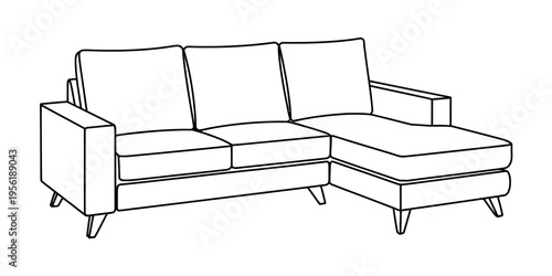 A minimalist black and white line drawing of a comfortable three-seater sectional sofa with legs Vector, illustration
