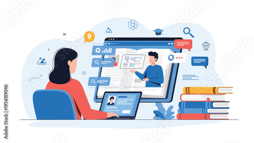 Student engages in online learning using laptop and large digital screen showing teacher with educational content and textbooks.