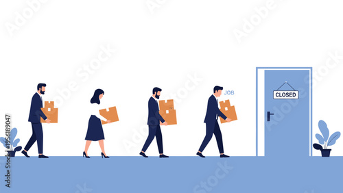 Line of unemployed workers carries personal belongings in boxes after office closure representing economic crisis and job loss.
