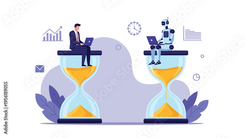 Human businessman and an artificial intelligence robot sit on top of large hourglasses while working on their laptops.