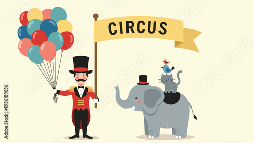 Circus ringmaster holding a bunch of colorful balloons stands next to a small elephant and a cat with a bird on its head.