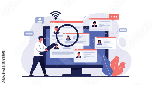 HR professional uses a large magnifying glass to find and select suitable candidates from profiles displayed on a monitor.