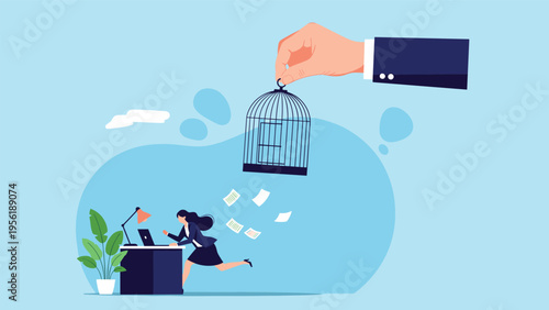 Professional woman runs away from a giant hand lowering a birdcage over her workspace in a conceptual office scene.