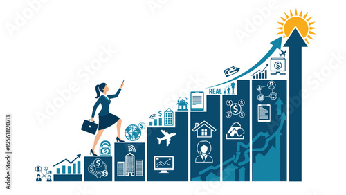 Ambitious businesswoman walks up a series of rising bar graph columns toward a glowing sun symbolizing high goals.