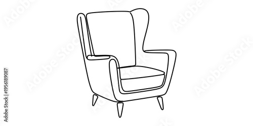 Minimalist continuous line drawing of a comfortable wingback armchair isolated on white background Vector, illustration
