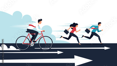 Motivated businessman on a red bicycle leads the way during a race against other professionals running on a track.