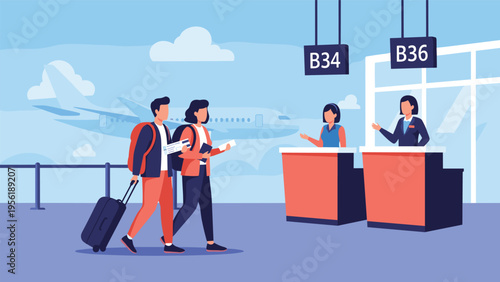 Man and woman with luggage walk toward an airport check-in counter with a large passenger airplane in the distance.