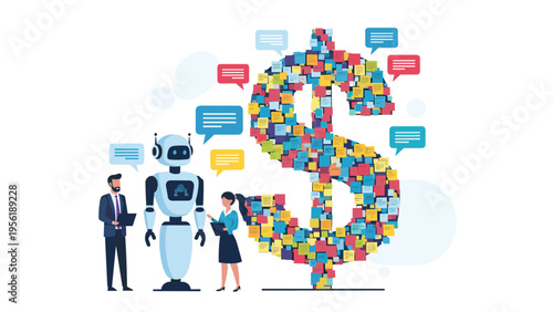 Team of a man, a robot, and a woman stands next to a massive dollar sign composed of various colorful sticky notes.
