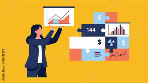 Professional woman completes a large financial jigsaw puzzle by placing a final piece showing a growth bar chart.
