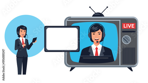 Professional news reporter stands beside a television displaying an anchor woman for a live broadcast session.