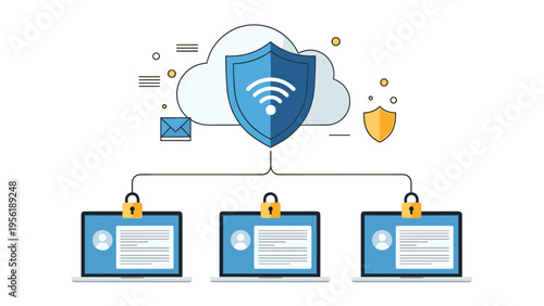 Network security graphic shows a protective shield over a cloud connected to three secure laptops with padlocks.