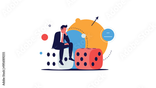 Pensive businessman sits on a large white die and leans against a red one while reflecting on a complex problem.