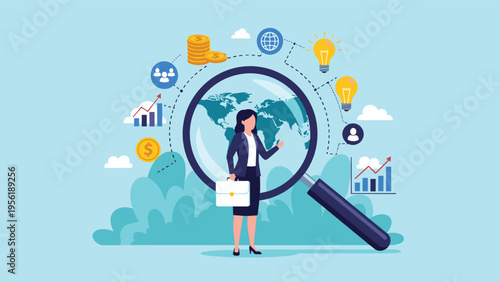 Professional woman stands inside a massive magnifying glass surrounded by icons for world business and ideas.