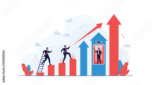 Professionals take various routes to success including stairs, a ladder, and an elevator on a large rising graph.