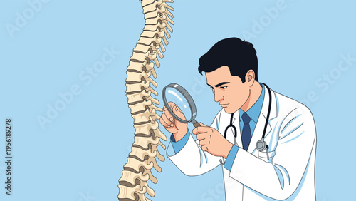 Medical doctor in a white coat uses a large magnifying glass to inspect the vertebrae of a human spine model.