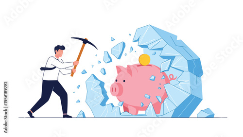 Determined businessman uses a pickaxe to break open a large block of ice and reach a hidden pink piggy bank.