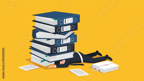 Overwhelmed businessman is flattened on the floor under a massive and leaning stack of heavy office file folders.