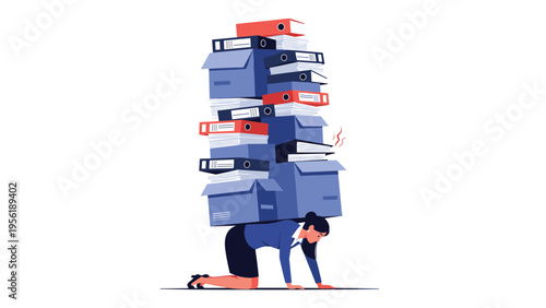 Exhausted office worker on her knees struggles to carry an overwhelming stack of heavy document folders representing workload.