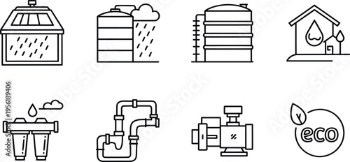Rainwater harvesting system icons with eco friendly elements