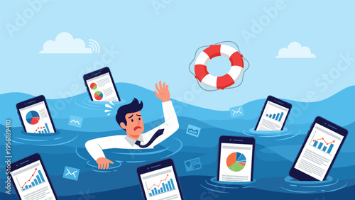 Stressed man struggles to stay afloat in water surrounded by floating smartphones showing complex financial data and charts.