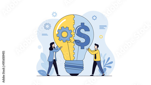 Diverse team members join forces to hold a giant lightbulb split into mechanical gears and a dollar sign for smart business.