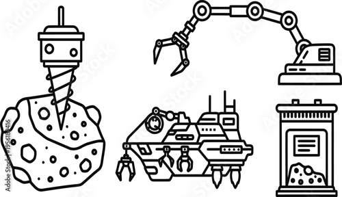 Robotic mining machines on asteroid or moon surface