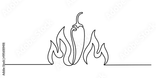 A single continuous line drawing of a hot chili pepper surrounded by stylized flames of fire icon Vector, illustration