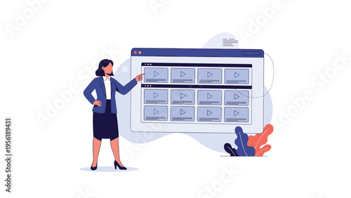 Businesswoman points at a large screen interface featuring a grid of video thumbnails for digital content management tasks.