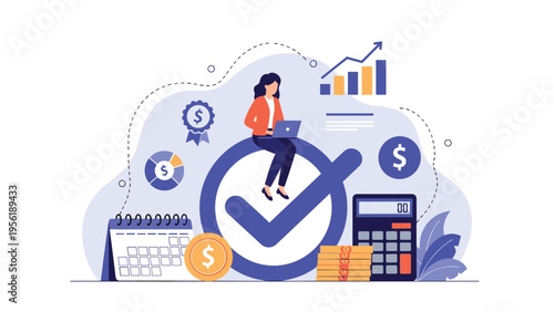 Happy businesswoman sits on a large blue checkmark icon surrounded by financial tools like a calculator and gold coins.