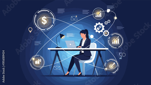 Professional woman at her desk works on a laptop surrounded by glowing financial icons and orbital data paths in a dark room.