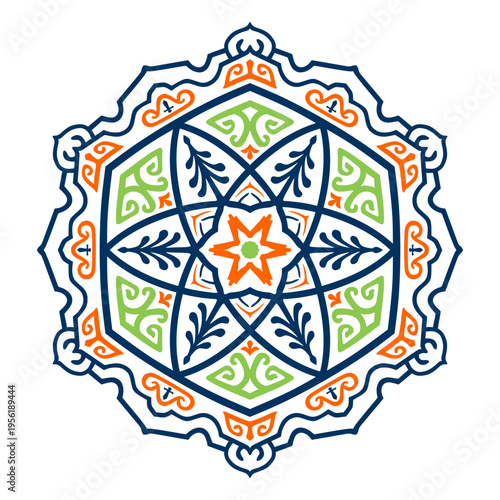 Mandala Ornament with Blue, Green, and Orange Geometric Folk Patterns