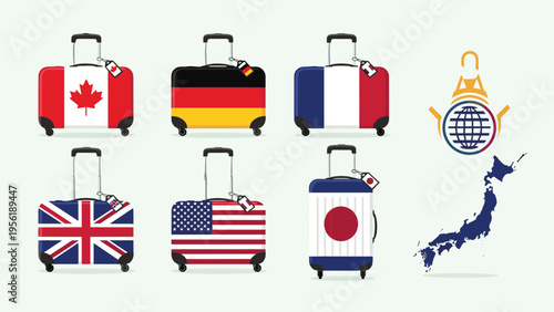 Selection of suitcases decorated with different international flags next to a map of Japan representing global travel options.