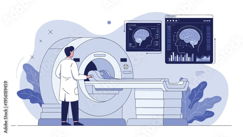 Radiologist in a white coat operates a large MRI scanner while viewing detailed brain imaging scans on digital monitors.