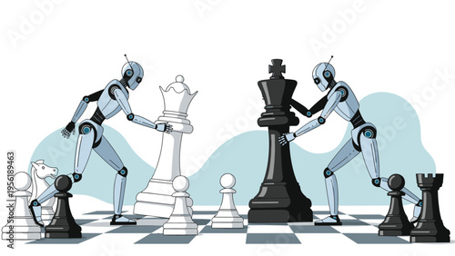 Advanced humanoid robots play a strategic game of chess with large black and white pieces on a giant checkered game board.
