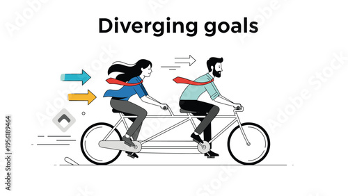 Man and woman on a tandem bicycle pedal in opposite directions under a sign that reads diverging goals in a partnership.
