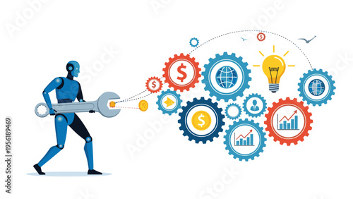 Blue robot uses a large wrench to adjust a complex system of gears containing financial growth and creative idea icons.