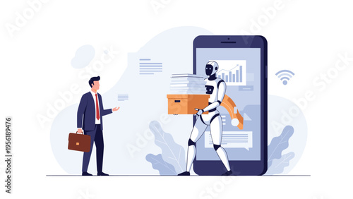 Businessman stands in front of a giant smartphone as a helpful robot emerges carrying a box full of paper documents.