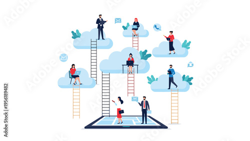 Team of remote workers on laptops sit on clouds connected by ladders to a central tablet representing cloud computing.