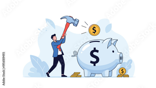 Man raises a large hammer to break a blue piggy bank with a dollar sign to access his personal savings and gold coins.