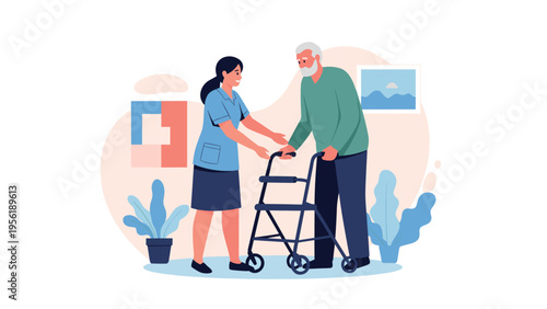 Caring young nurse or healthcare assistant helping elderly senior man walk using mobility frame in comfortable domestic home environment setting.