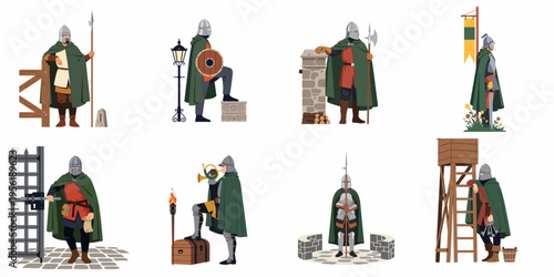 Collection of medieval guards wearing armor and green cloaks, depicted in various guarding duties with weapons like spears, shields, and halberds.