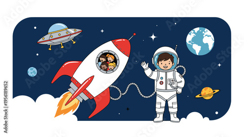 Kids space exploration adventure illustration with young astronaut boy waving next to rocket ship carrying children flying through starry night sky.