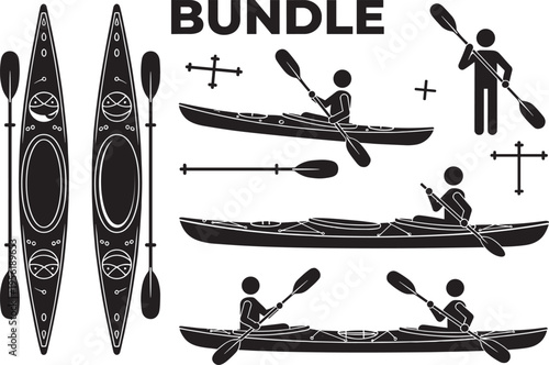 Black silhouette kayaking bundle illustration featuring top view kayaks with seats paddles hatches and side view people paddling solo tandem outdoor water sport adventure design