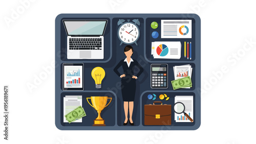 Organized corporate business management concept featuring female professional surrounded by essential workspace tools like laptop clock and financial charts.