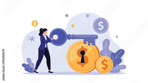 Financial success and wealth unlocking concept with professional woman using large key to open access to money and investment opportunities.