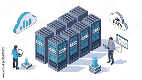 Information technology professionals managing big data server racks in modern data center environment with cloud computing and analysis dashboard.