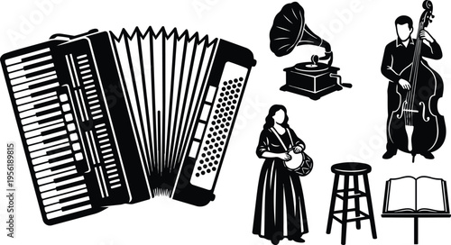 Black and white line art accordion gramophone double bass woman drummer stool and music stand